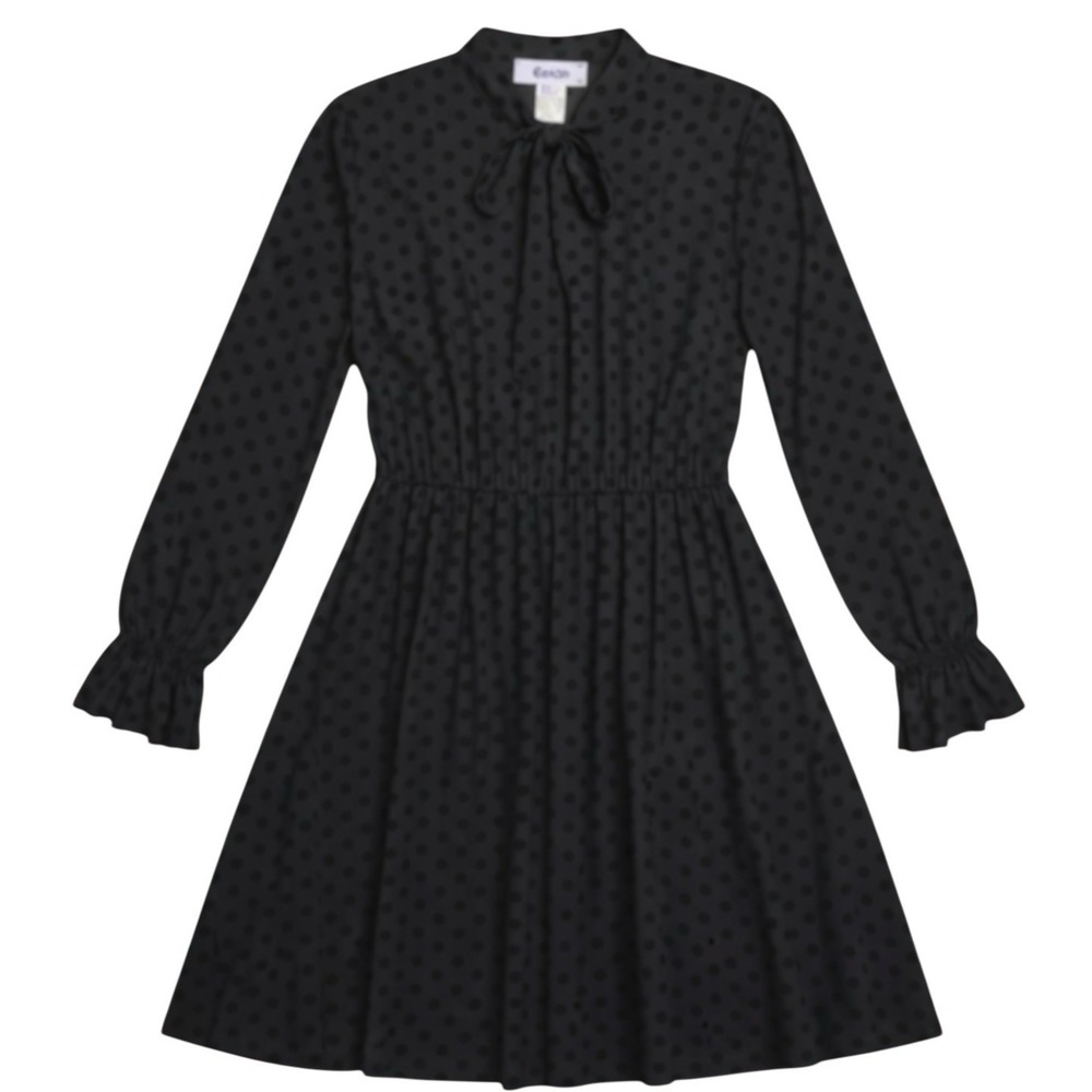 Eien Black Sheer Swiss Dot Romantic Dress Tie Neck Long Sleeve Women's Large